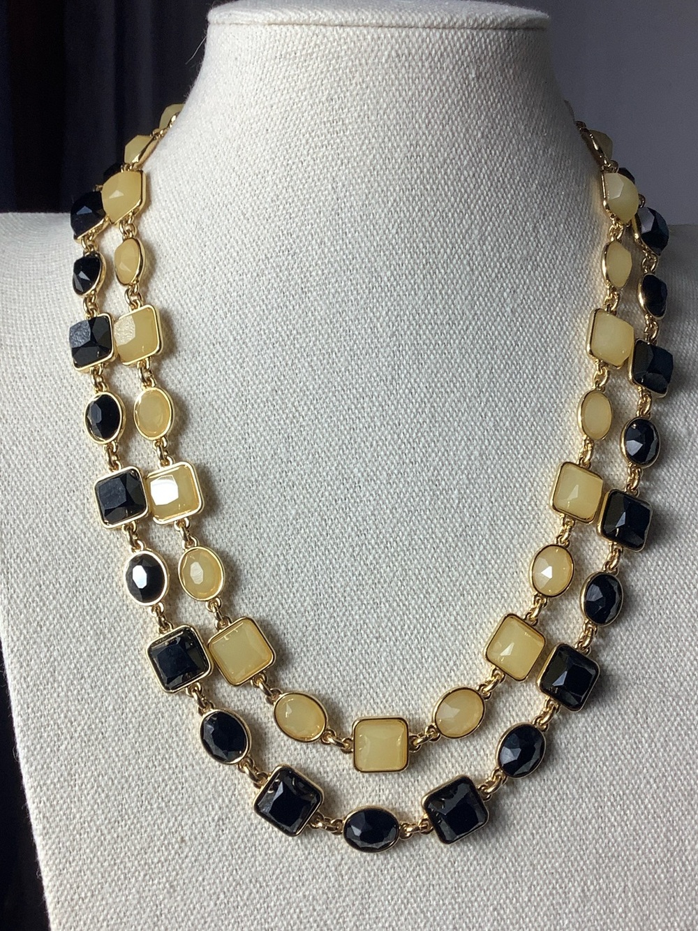 Talbots Gold-Tone Double Strand Necklace with Black and Cream Stones